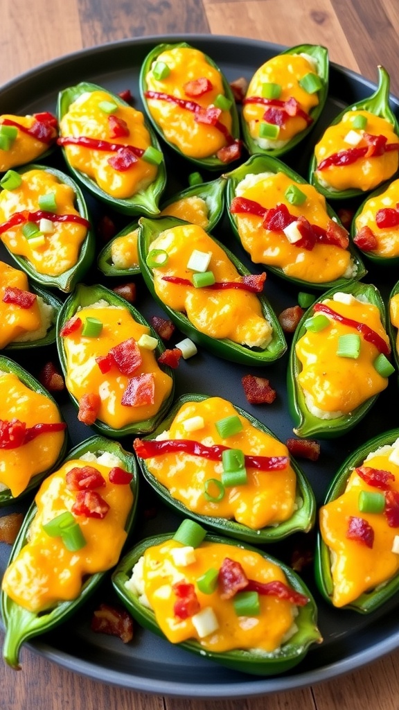 Golden stuffed jalapeño bites with cheese and bacon on a wooden platter, garnished with green onions.